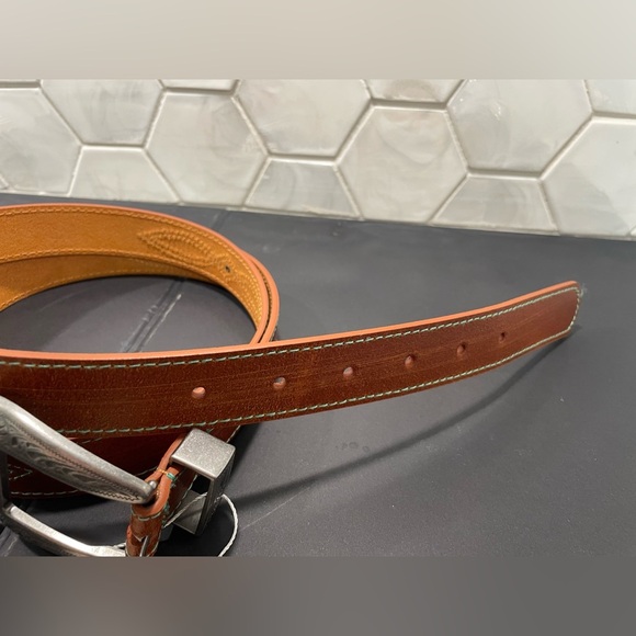 Most Wanted Genuine Leather Gaucho Belt Tan Silver Buckle Green Stitching XL NEW - Picture 3 of 8